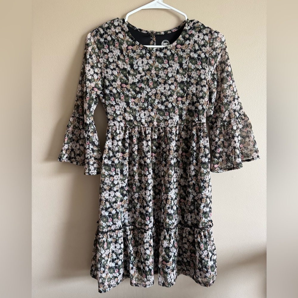 Floral Kids Girls Dress with Flutter Bell Sleeves, Size Large 10/12